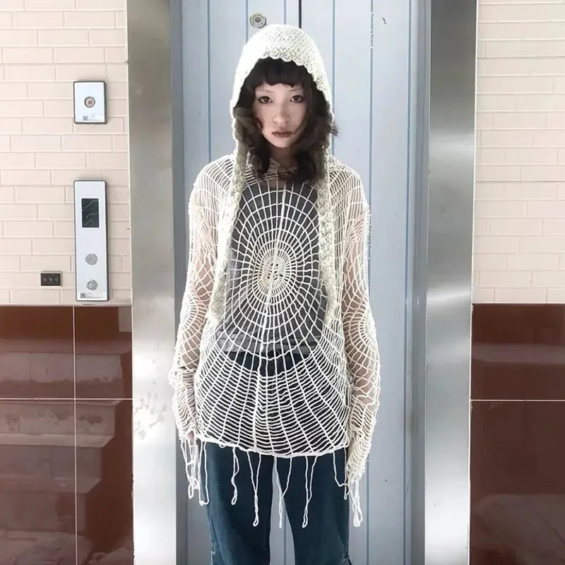 Cathy Dollette Japanese  Hollow Out Knitted Top Trashy 2000s Style Spider Web Pullover Vintage Harajuku Hole Hooded Knitwear Grunge