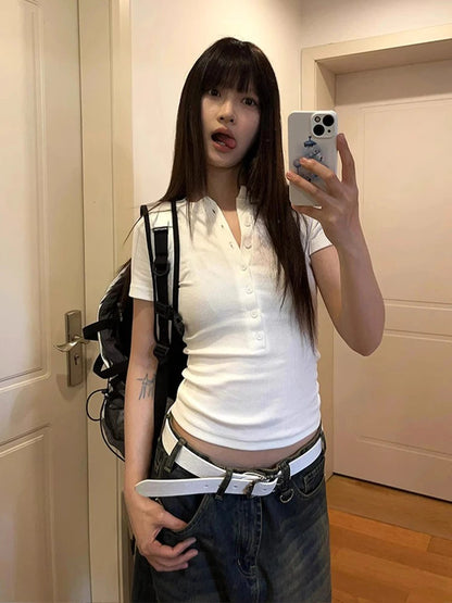 Cathy Dollette Hotsweet Solid T Shirt  Clothes Buttton Short Sleeve Slim Summer TopKorean Fashion 2000s Clothes  Tees Female