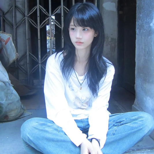 Cathy Dollette Japanese  Cutecore Print  Vintage Harajuku Long Sleeve Loose Top2000s s Lazy Style White Top Korean