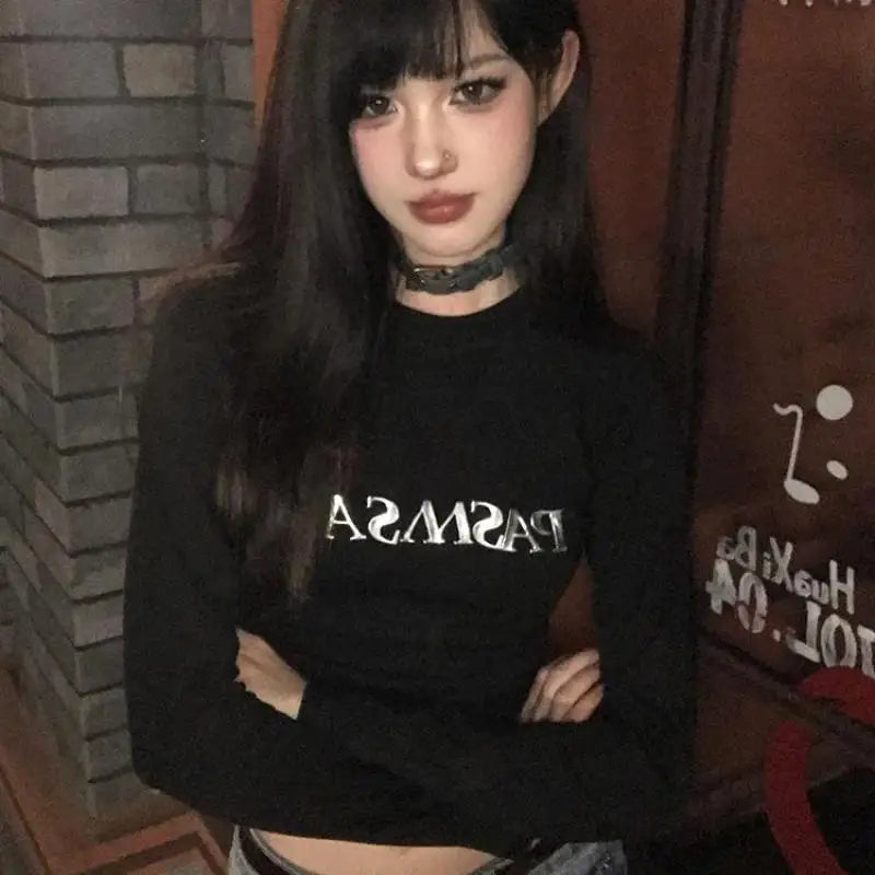 Cathy Dollette Hotsweet Black Print Letter Graphic T Shirts Long Sleeve Slim 2000s Clothes  Tees Female Clothing  Autumn Top
