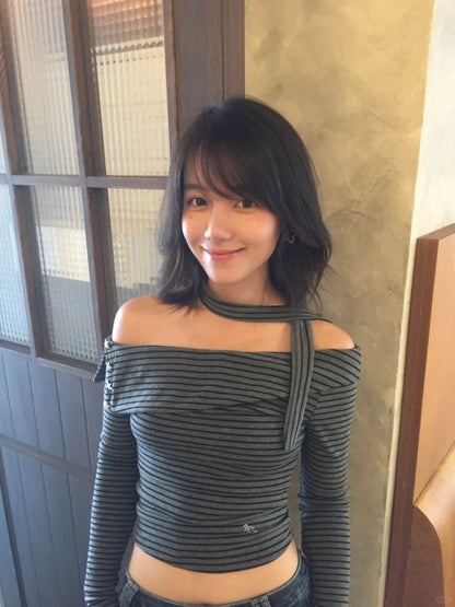 Cathy Dollette Japanese 2000s Striped T Shirt  Long Sleeve Irregular Crop TopWith Scarf Off Shoulder  Vintage Tshirts