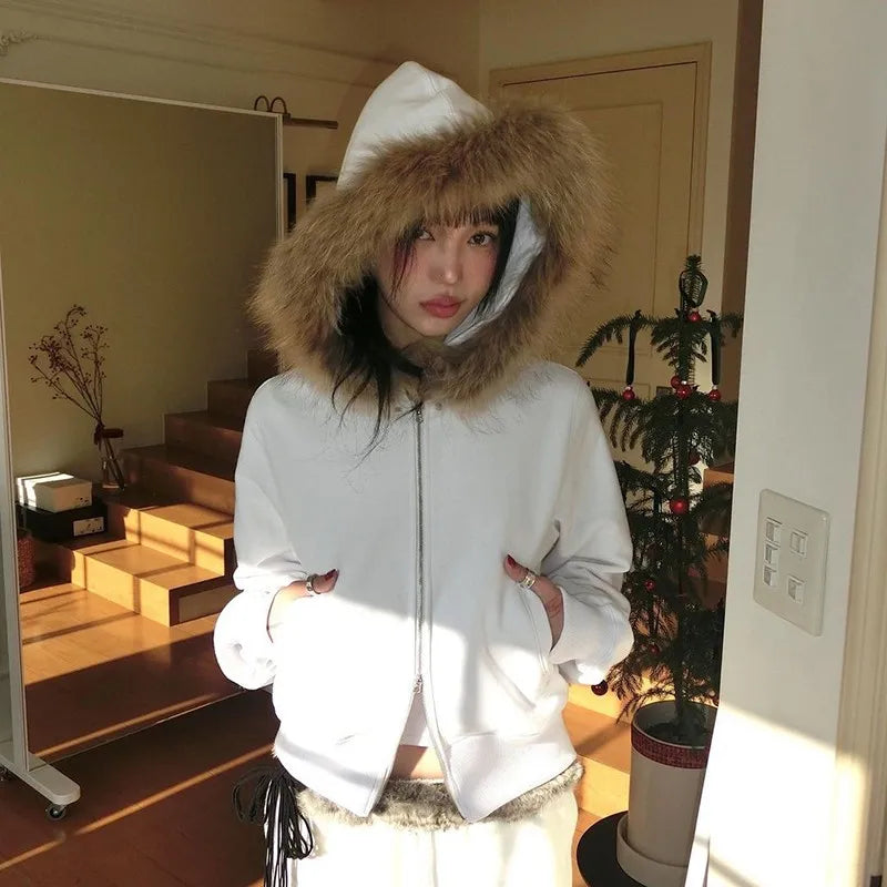 Cathy Dollette Japanese  Thin Fur Coat  Vintage Korean Style Black Hooded Jacket Grunge s Fur Collar Zipper Coat 00s