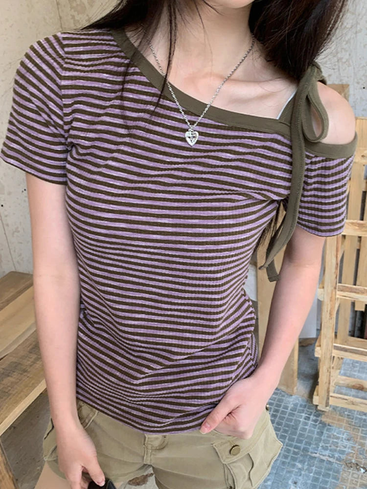 Cathy Dollette Korean Style Striped   Short Sleeve Lace Up Irreagual Tee Top  Grunge TopJapanese