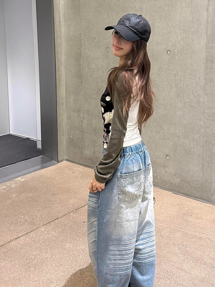 Cathy Dollette Harajuku Print Dog Graphic TopLong Sleeve Patchwork    Grunge Top 2000s Tshirts