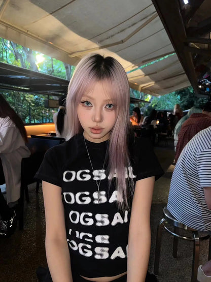 Cathy Dollette American Retro 90s Print Letter TopSlim Short Sleeve  Grunge Top  Black T Shirt Summer Tops