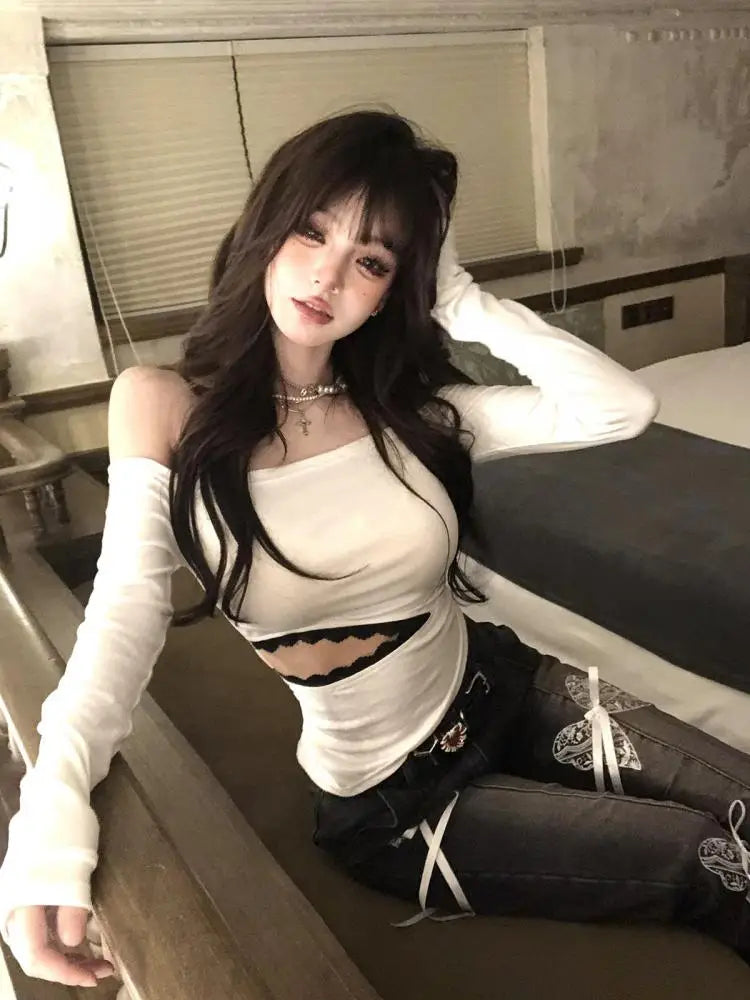 Cathy Dollette Backless Graphic T Shirts 2000s Japanese  Long Sleeve Skinny Off Shoulder Crop TopGothic Print Gaphic TopTee