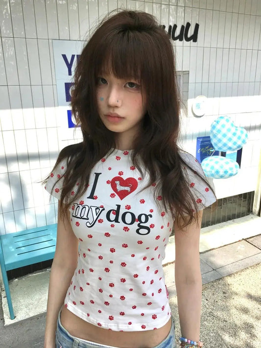 Cathy Dollette  Japanese Print T Shirt  Short Sleeve Slim 2000s  Graphic TopKorean Style Vintage Tshirts Summer