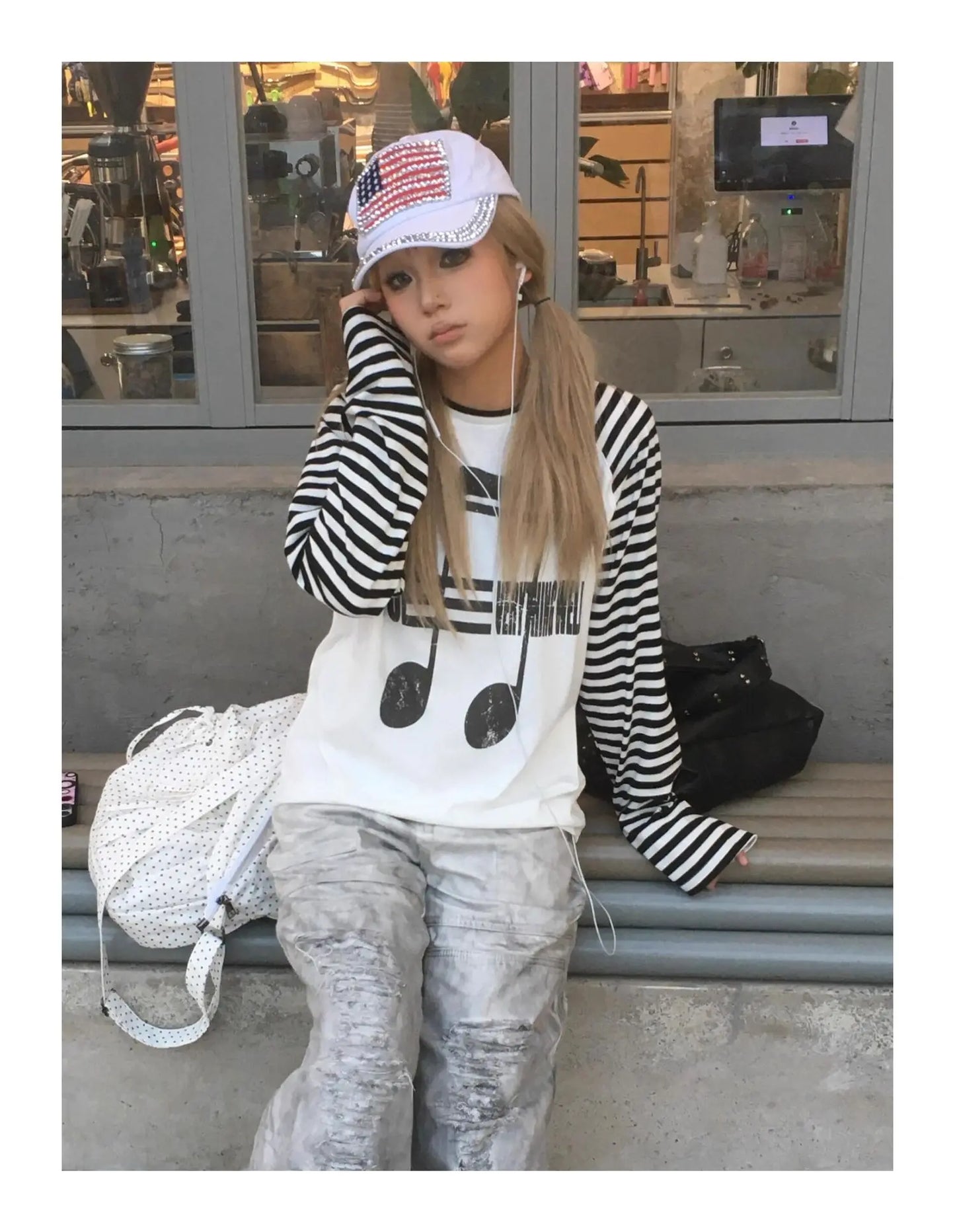 Cathy Dollette Japanses 2000s   Casual Print Graphic TopPatchwork  Grunge TopAmerican Retro Tshirts E-girl