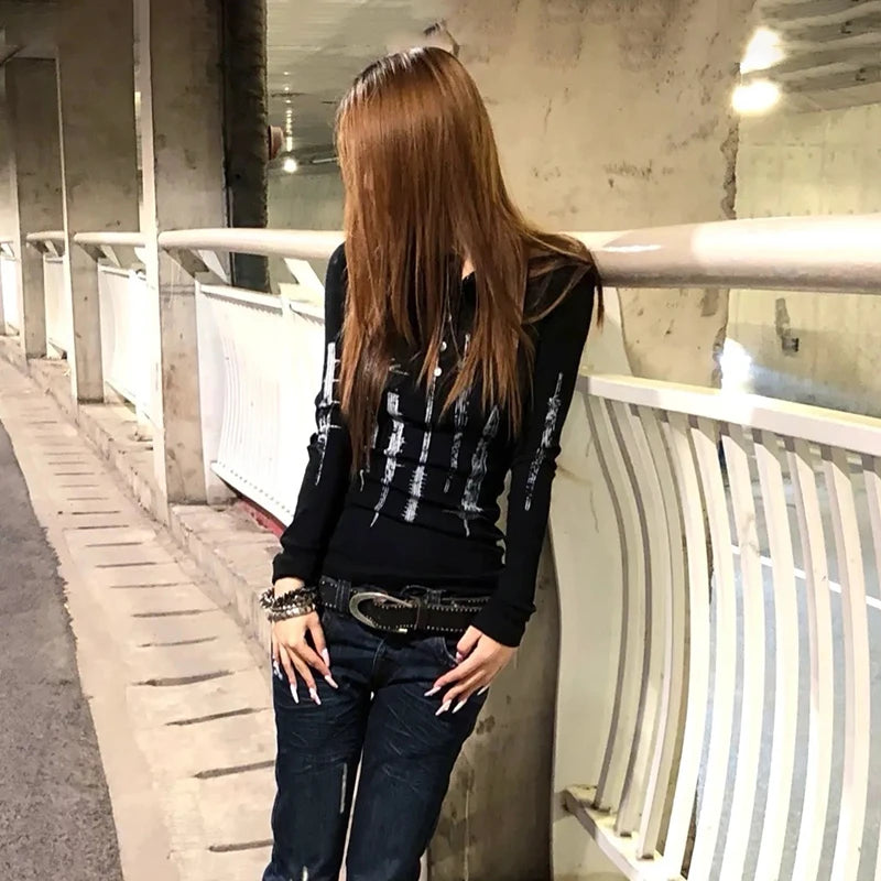 Cathy Dollette Grunge s Tattoo Print Knitted TopTrashy  Long Sleeve Knit  Vintage Gothic Button Top American Retro