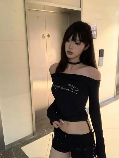 Cathy Dollette Black Graphic T Shirts Off Shoulder Long Sleeve 2000s Clothes  Autumn TopSlim Tees Female Clothing Goth