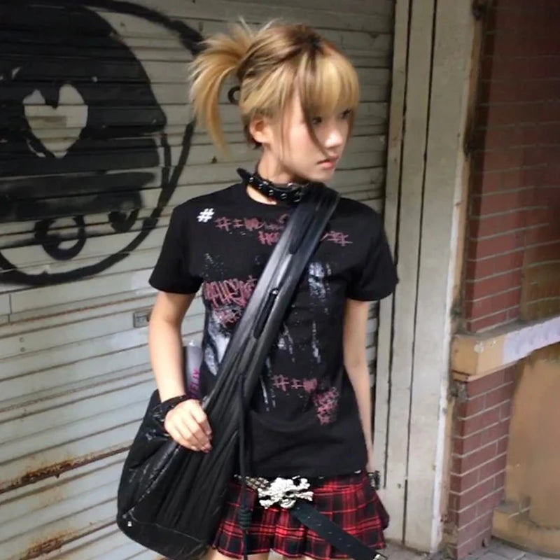 Cathy Dollette Japanese  Graffiti Print  Trashy 2000s Style Short Sleeve T Shirt Vintage Harajuku Streetwear Grunge American