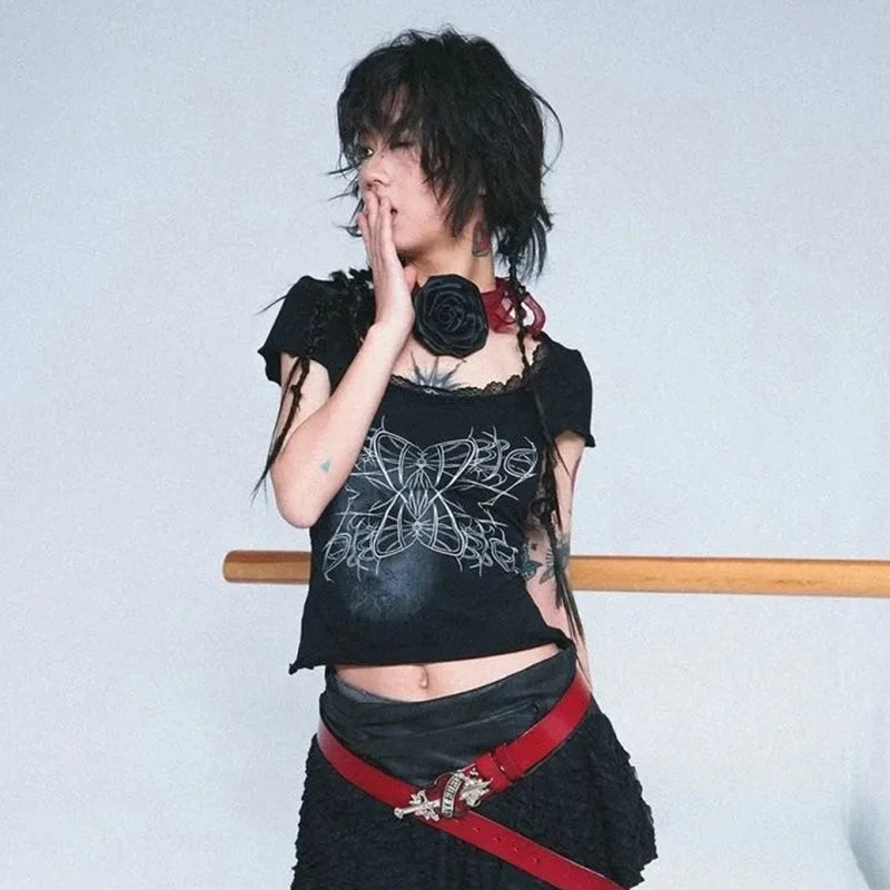 Cathy Dollette Japanese  Tattoo Print  Grunge s Lace Patchwork Short Sleeve T Shirt Vintage Gothic Black Crop Tops