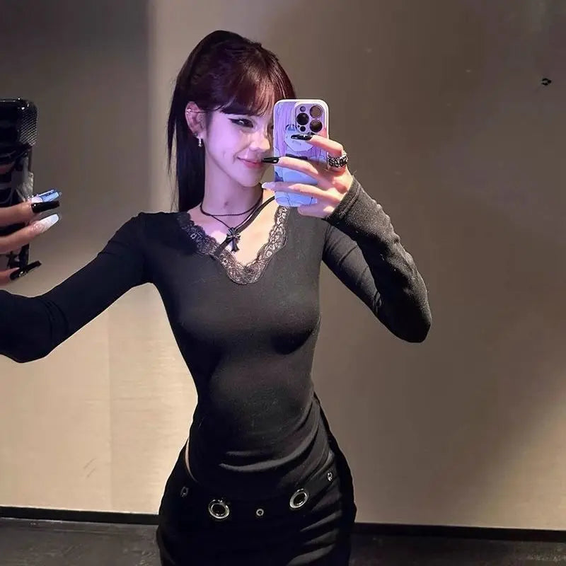 Cathy Dollette Black Sexy Back Hollow Out 's  Goth Long Sleeve Slim 2000s Clothes  Tees Female Clothing Autumn TopChic