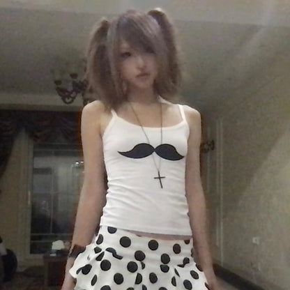 Cathy Dollette Japanese  Beard Print Tank Top Trashy 2000s Style White Camisole Vintage Harajuku Cami TopAmerican Retro Crop Top