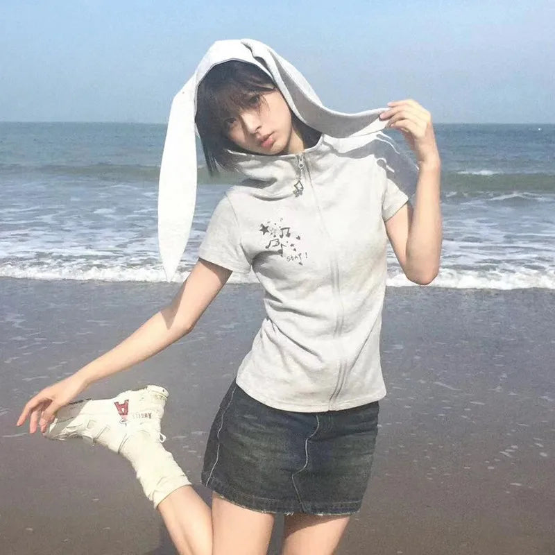 Cathy Dollette Japanese  Hooded  Vintage 2000s Style Rabbit Ears Zipper TopHarajuku Short Sleeve Thin Jacket Korean Popular