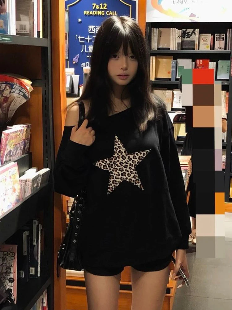 Cathy Dollette Pullovers Print Leopard Star 's Sweatshirts Long Sleeve Harajuku Hoodies 2000s Clothes  Autumn Spring TopLoose