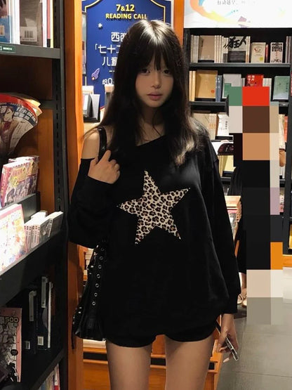 Cathy Dollette Pullovers Print Leopard Star 's Sweatshirts Long Sleeve Harajuku Hoodies 2000s Clothes  Autumn Spring TopLoose