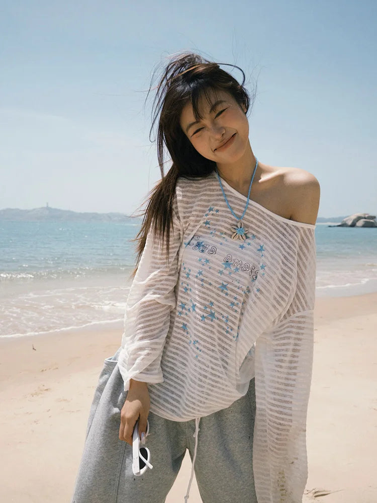 Cathy Dollette Harajuku Print Star   Long Sleeve Loose Casual Shirts See Throught  Japanese Fairycore Tshits Grunge