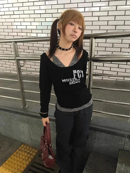 Cathy Dollette Gothic Print T Shirt  Patchwrok Fake Two Pieces Top Vintage Crop Top 2000s Japanese Tshirts Tops