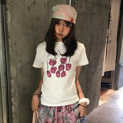 Cathy Dollette Harajuku T Shirt  Short Sleeve Print Graphic TopKorean Style  Vintage Tshirts White Slim Crop TopSummer