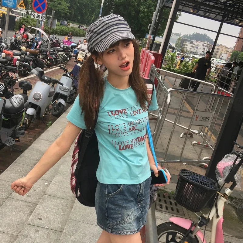 Cathy Dollette Japanese  Letter Print  Trashy 2000s Style Crop Top Vintage Harajuku Short Sleeve Tee Shirt 90s American Retro