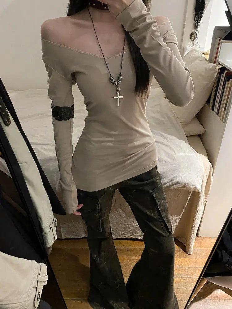 Cathy Dollette 's  2000s Clothes  Tees Female Long Sleeve Off Shoulder Korean Fashion Skinny Hotsweet Autumn TopSlim
