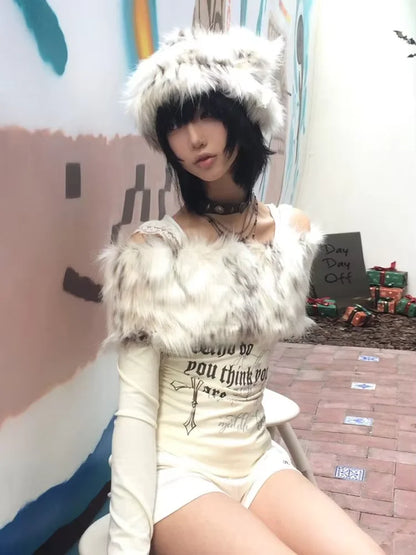 Cathy Dollette Japanese  Fur Collar Top2000s s Off Shoulder Knit TopVintage Harajuku Letter Print Long Sleeve