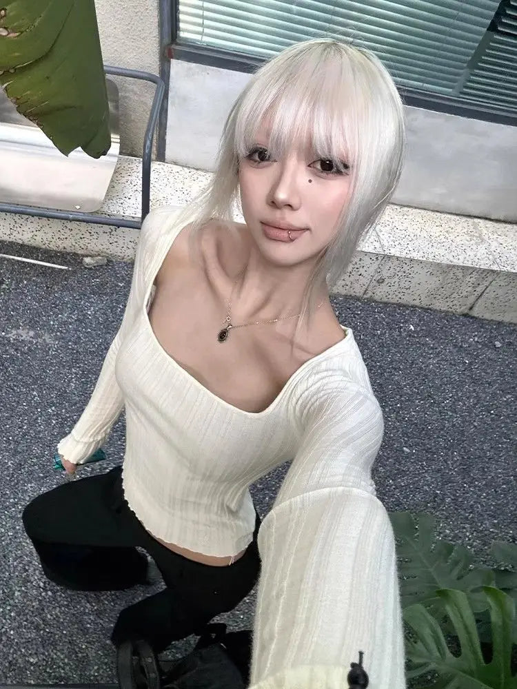 Cathy Dollette Hotsweet Square Collar Knitwear 's  Long Sleeve Slim 2000s Clothes  Pullover Autumn TopTees Female Chic