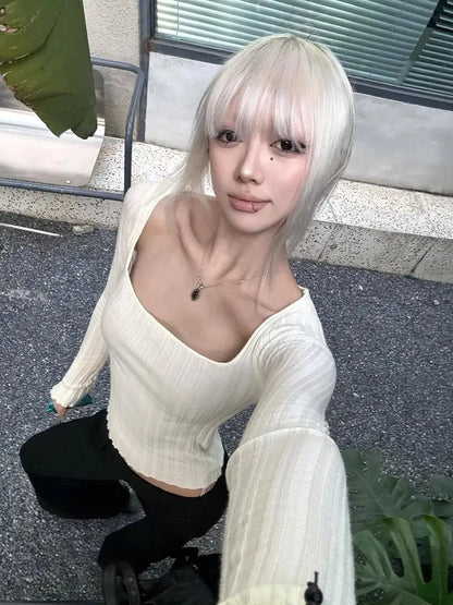 Cathy Dollette Hotsweet Square Collar Knitwear 's  Long Sleeve Slim 2000s Clothes  Pullover Autumn TopTees Female Chic