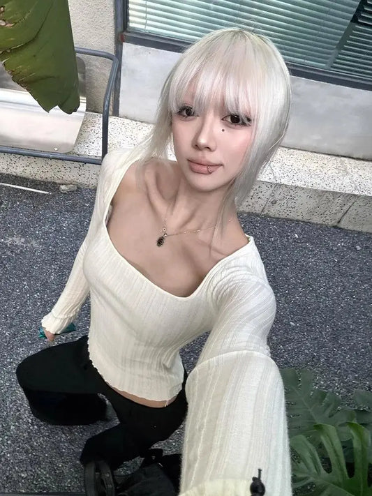 Cathy Dollette Hotsweet Square Collar Knitwear 's  Long Sleeve Slim 2000s Clothes  Pullover Autumn TopTees Female Chic