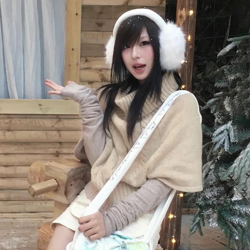 Cathy Dollette Japanese  Khaki Cape Sweater Vintage Harajuku Knit Loose Pullover Korean Style Turtleneck Knitwear 2000s s