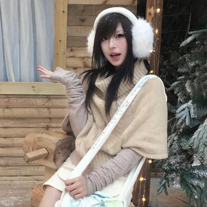Cathy Dollette Japanese  Khaki Cape Sweater Vintage Harajuku Knit Loose Pullover Korean Style Turtleneck Knitwear 2000s s