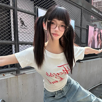 Cathy Dollette Harajuku Print   Short Sleeve Irregular Crop Top Fairycore Tee Top American Retro 90s Tshirts Summer