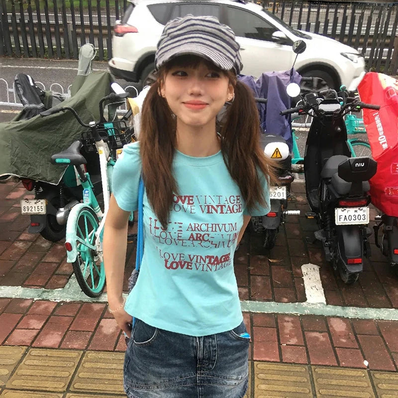 Cathy Dollette Japanese  Letter Print  Trashy 2000s Style Crop Top Vintage Harajuku Short Sleeve Tee Shirt 90s American Retro