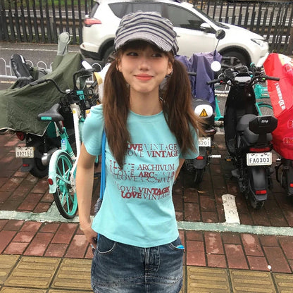 Cathy Dollette Japanese  Letter Print  Trashy 2000s Style Crop Top Vintage Harajuku Short Sleeve Tee Shirt 90s American Retro