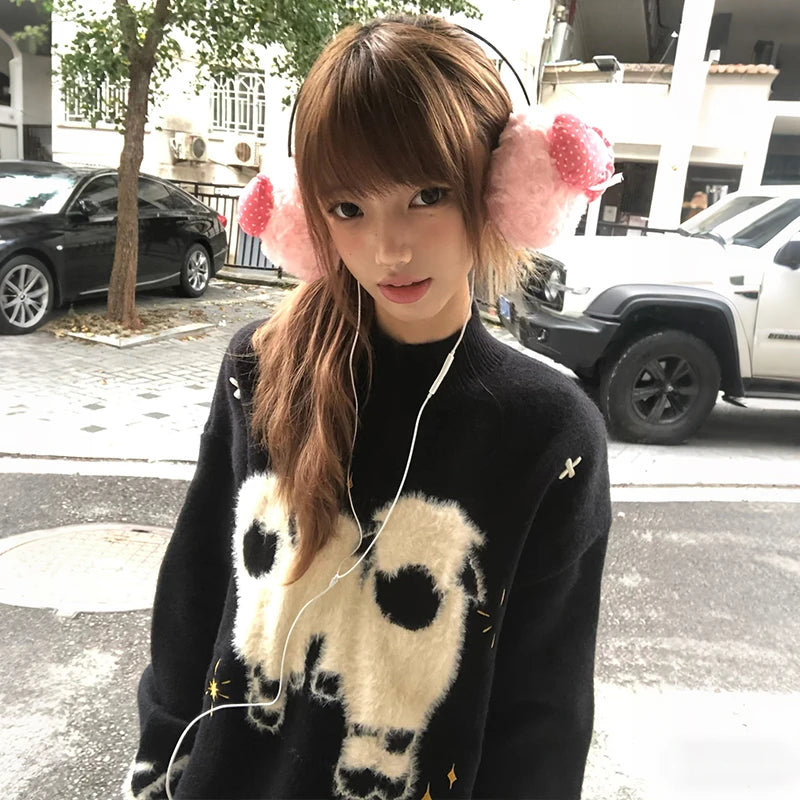 Cathy Dollette Japanese  Lambs Jacquard Sweater Vintage Harajuku Black Knitted Pullover Korean 2000s Style Knitwear American Retro