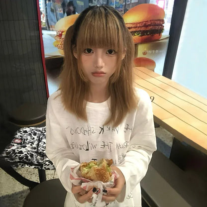 Cathy Dollette Japanese  Letter Print  Trashy 2000s Style Long Sleeve Tee Shirt Vintage Harajuku White Top American Retro 90s