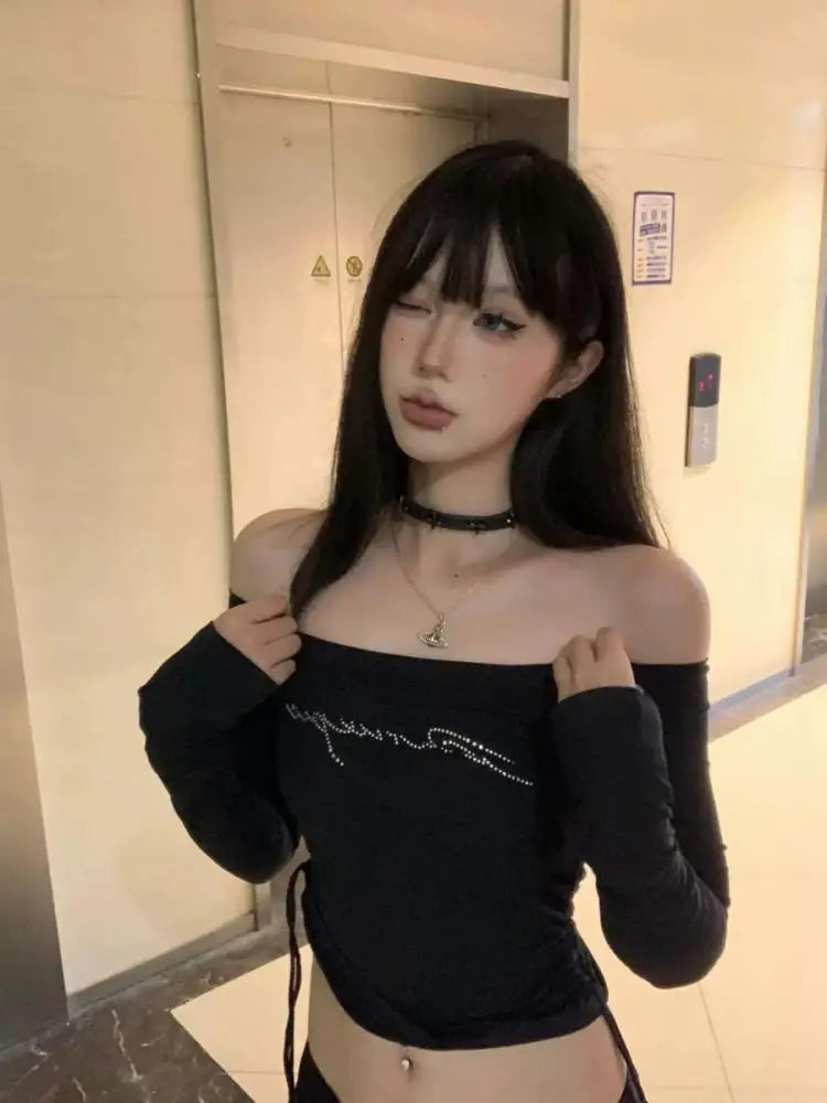 Cathy Dollette Black Graphic T Shirts Off Shoulder Long Sleeve 2000s Clothes  Autumn TopSlim Tees Female Clothing Goth
