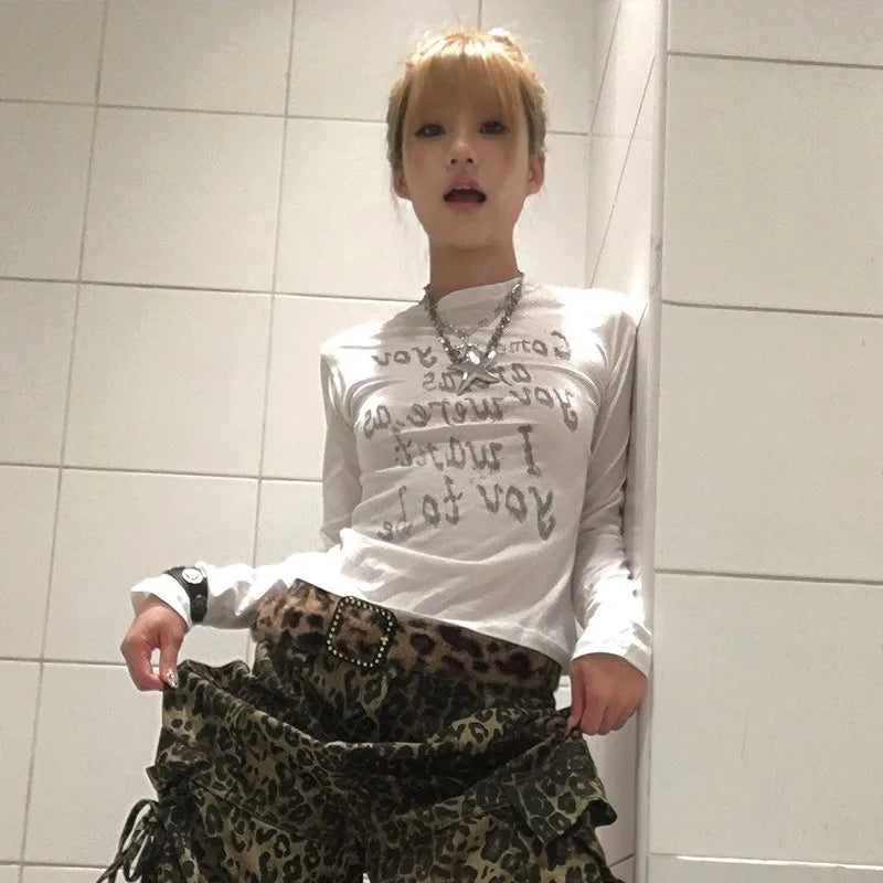 Cathy Dollette Japanese  Letter Print  Trashy 2000s Style Long Sleeve T Shirt Vintage Harajuku Distressed TopAmerican Retro
