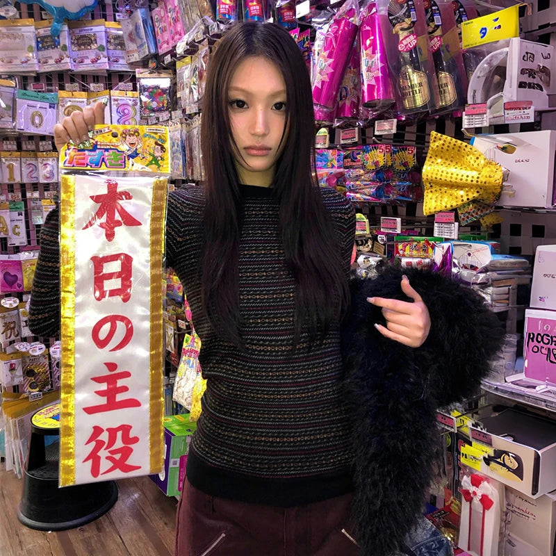 Cathy Dollette Japanese  Jacquard Knitted  Vintage Harajuku Long Sleeve Knit TopKorean 2000s Style Knitwear American Retro