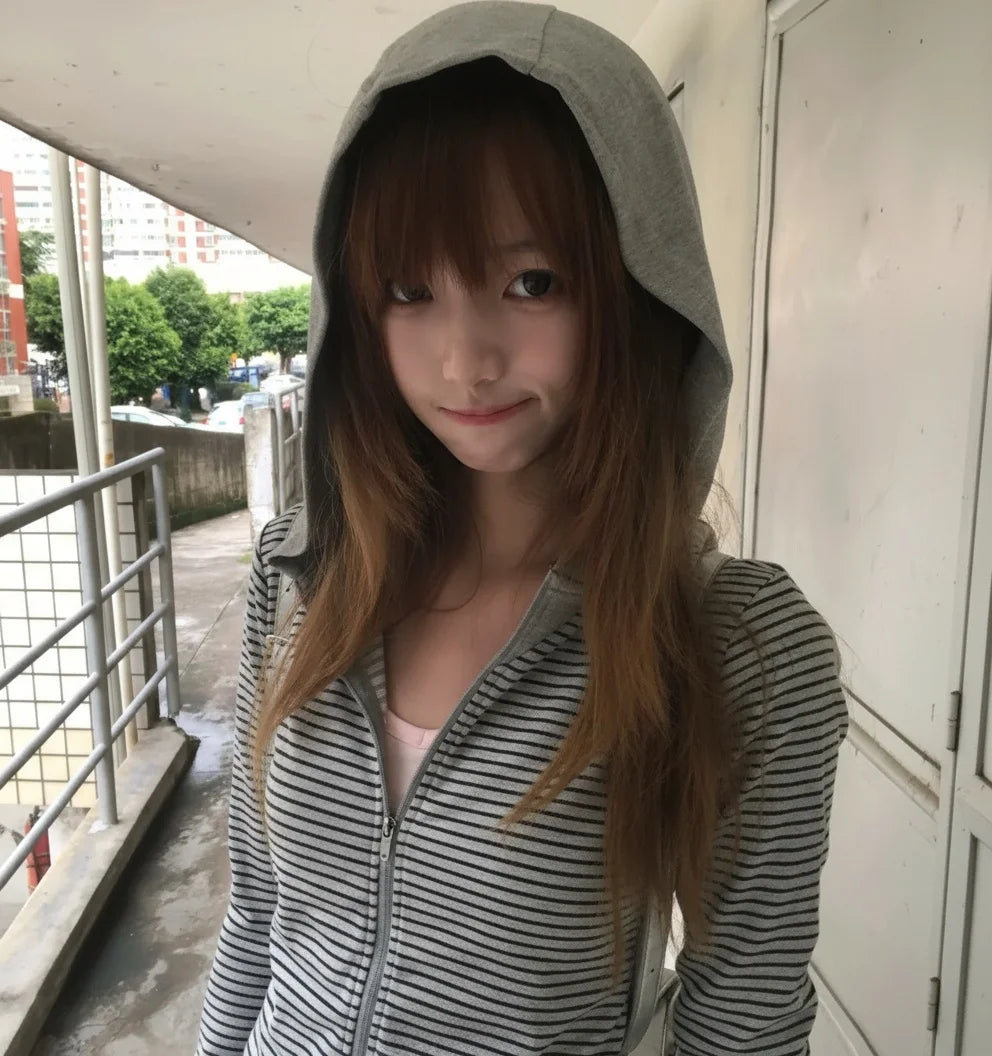 Cathy Dollette  Japanese Hoodies  Long Sleeve Striped Sweatshirt Streetwear American Striped Hoodies With Zipper E-girls