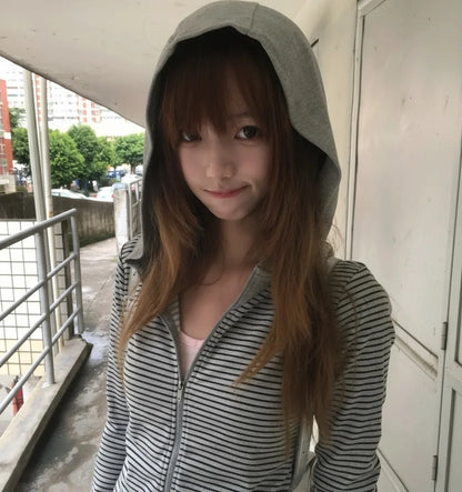 Cathy Dollette  Japanese Hoodies  Long Sleeve Striped Sweatshirt Streetwear American Striped Hoodies With Zipper E-girls