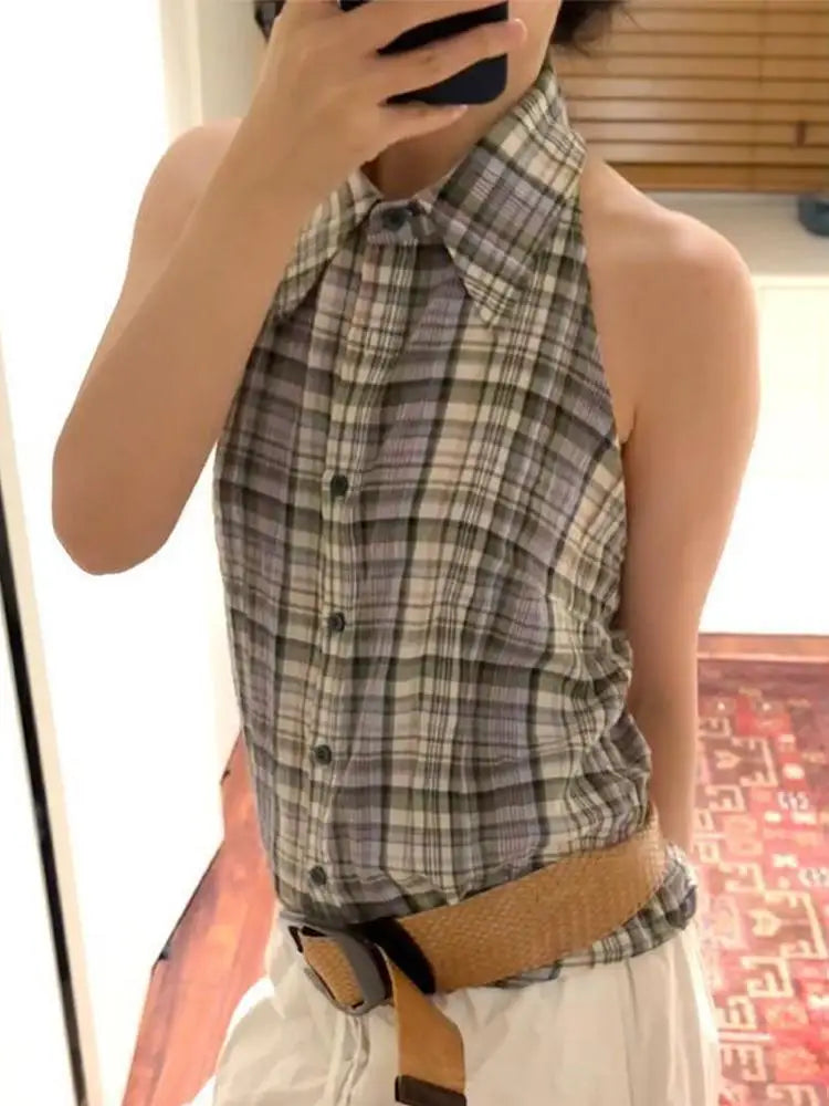 Cathy Dollette Japanese 2000s Plaid Tank Top Turn Down Collar  Vintage Top American Retro Tanks E-girls Summer