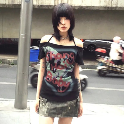 Cathy Dollette Japanese  Graffiti Print  Trashy 2000s Style Off Shoulder TopVintage Harajuku Short Sleeve Halter Tshirt 90s