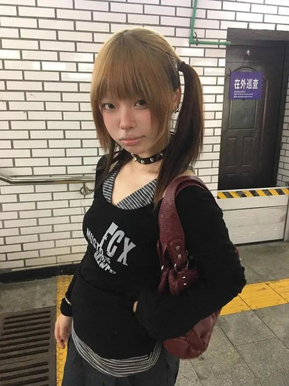 Cathy Dollette Gothic Print T Shirt  Patchwrok Fake Two Pieces Top Vintage Crop Top 2000s Japanese Tshirts Tops
