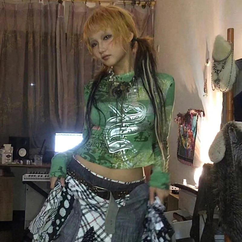 Cathy Dollette Japanese  Crop Top Trashy 2000s Graffiti Print Long Sleeve  Grunge s Vintage Streetwear Harajuku 90s