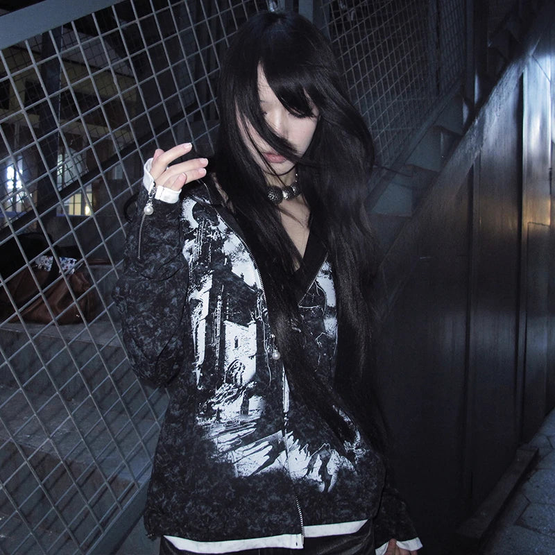 Cathy Dollette Grunge s Tattoo Print Jacket Vintage  Distressed Hooded Outerwears Trashy 2000s Style Zipper Coat American