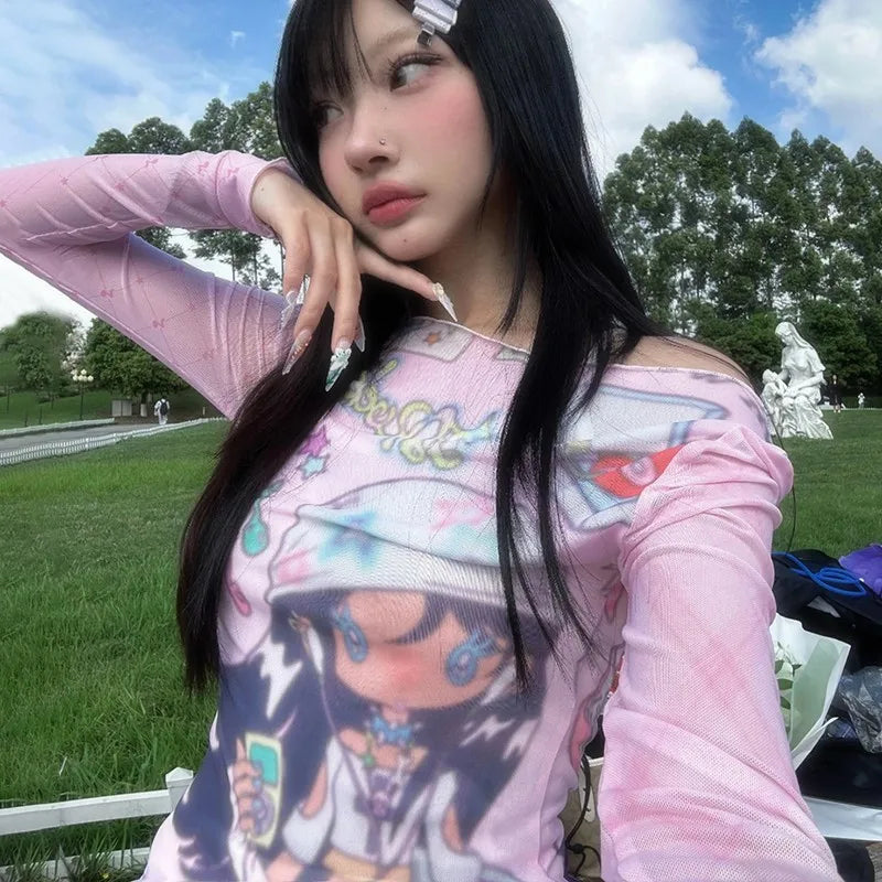 Cathy Dollette Japanese  Anime Print Mesh Top2000s s Pink Sheer Top Vintage Harajuku Kawaii See Through  Lolita