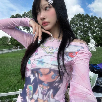 Cathy Dollette Japanese  Anime Print Mesh Top2000s s Pink Sheer Top Vintage Harajuku Kawaii See Through  Lolita