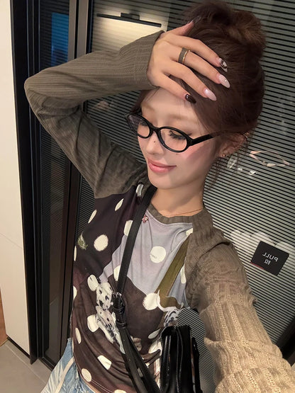 Cathy Dollette Harajuku Print Dog Graphic TopLong Sleeve Patchwork    Grunge Top 2000s Tshirts